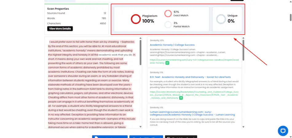 DupliChecker plagiarism checker results