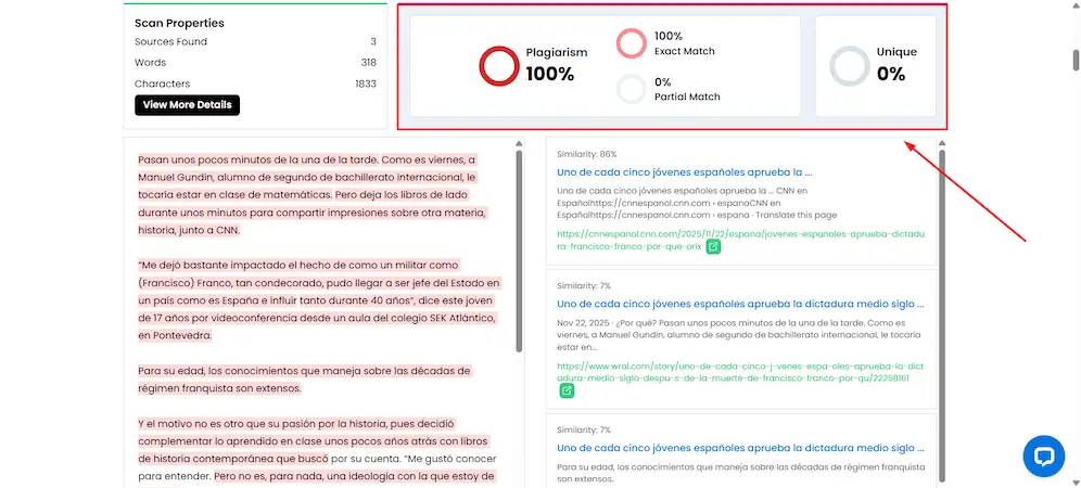 DupliChecker plagiarism results page