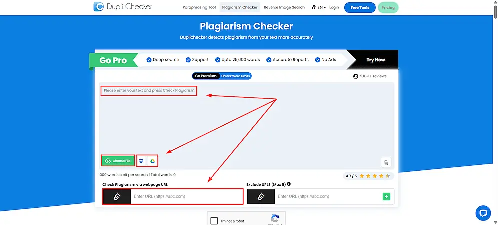 DupliChecker Plagiarism checker page highlightong the sections to enter the text, share, and put the URL.
