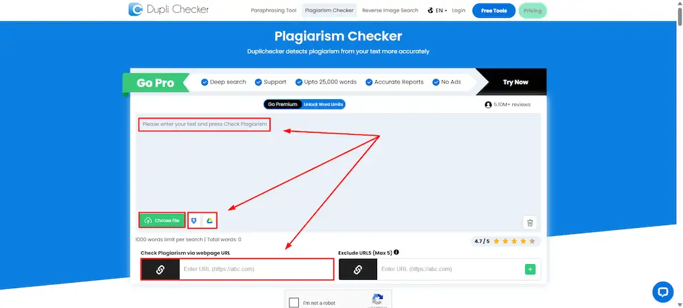 DupliChecker Plagiarism checker page highlightong the sections to enter the text, share, and put the URL.
