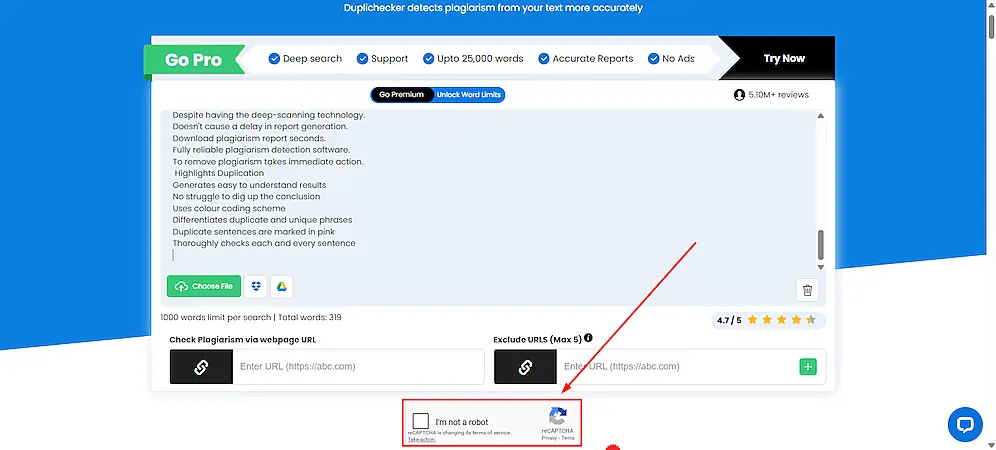 Duplichecker plagiarism checker page highlighting the reCaptcha section.
