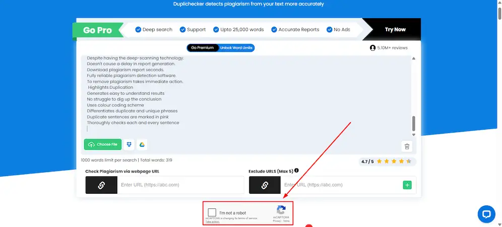 Duplichecker plagiarism checker page highlighting the reCaptcha section.