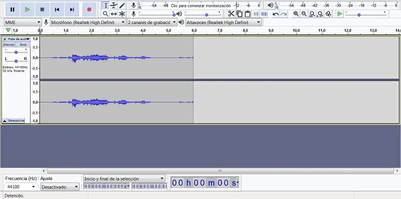Captura de pantalla de la plataforma de Audacity