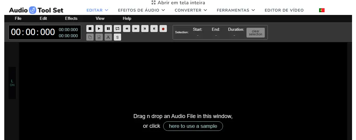 Editor de áudios online Tela de edição do Audio Tool Set