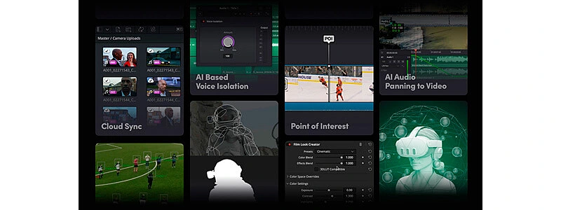 captura de tela do banner do site do davinci resolve mostrando seus recursos de editor de video com IA