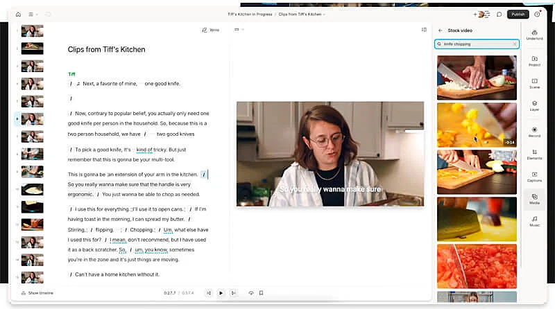 captura de tela do editor de vídeo por ia descript mostrando edição a partir do roteiro