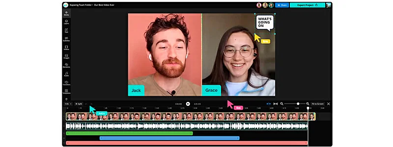 captura de tela do editor de video IA kapwing mostrando um video de duas pessoas sendo editado por duas pessoas