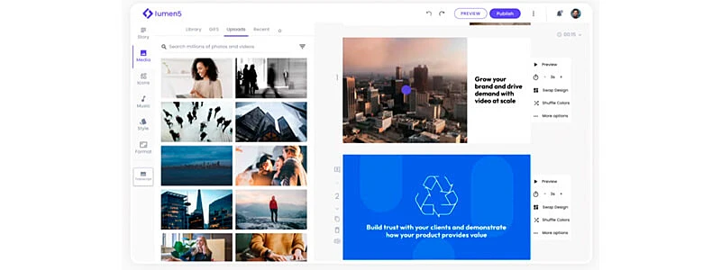 captura de tela da interface do editor de video com ia lumen5