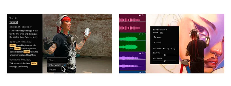 captura de tela dos banners mostrando o recursos de edição por texto e controle de audio por IA 