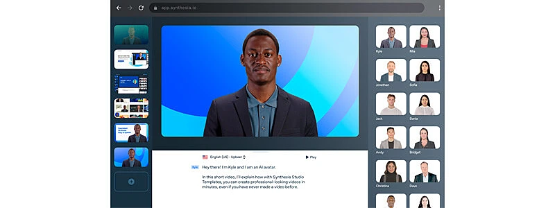 captura de tela da interface do editor de video com ia synthesia mostrando um avatar de um homem