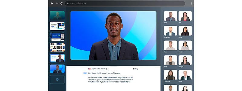 captura de tela da interface do editor de video com ia synthesia mostrando um avatar de um homem