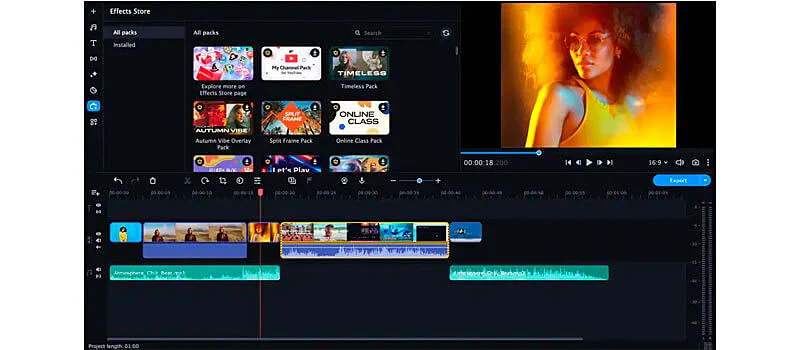 captura de tela da interface do editor de video para youtube do movavi