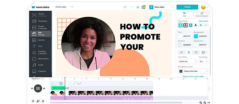 captura de tela da interface do editor de video para youtube do wave video
