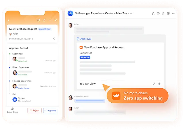 Mobile and desktop screens displaying a purchase approval request process, highlighting zero app switching and smooth collaboration.