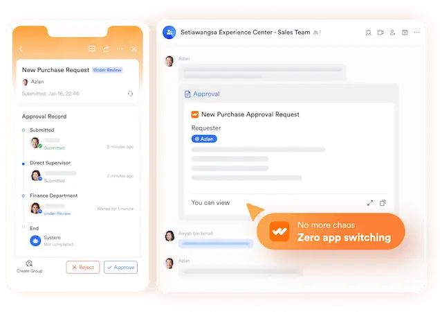 Mobile and desktop screens displaying a purchase approval request process, highlighting zero app switching and smooth collaboration.