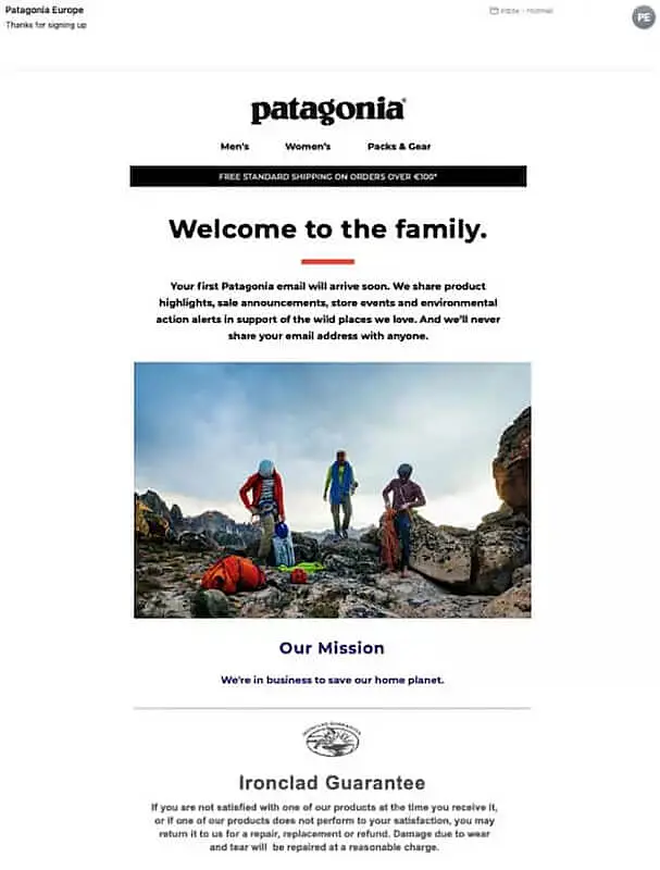 Patagonia welcome email