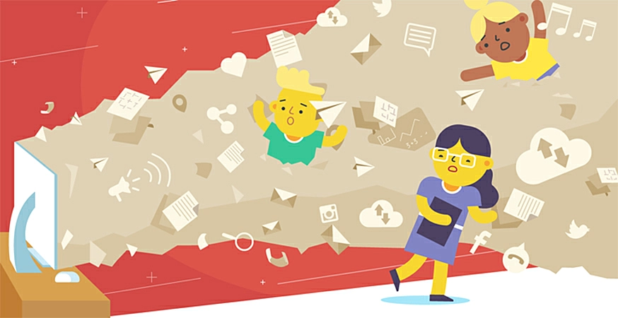 The image shows three people flooded by information going out from the computer.