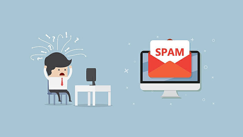 The image shows a men in front of a computer. He is mad because he received a spam.