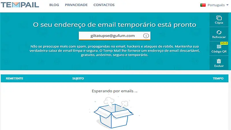 captura de tela do Tempail