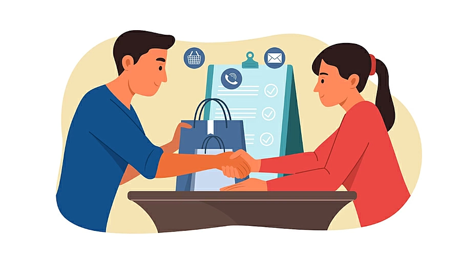 vendedor y cliente tomados de la mano