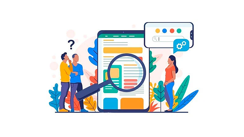 grupo de personas evaluando un cuestionario en la pantalla de un teléfono inteligente