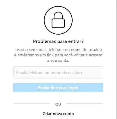 Tela para redefinir a senha