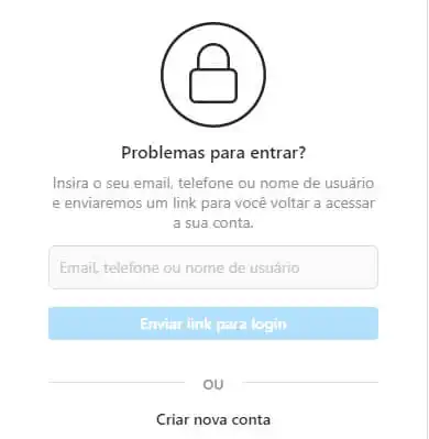 Tela para redefinir a senha