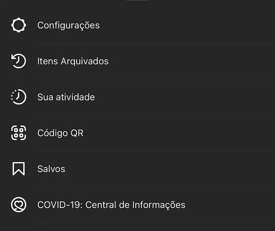 Menu de configurações do Instagram