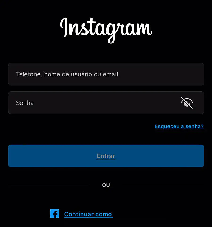 Tela inicial de login do aplicativo do Instagram