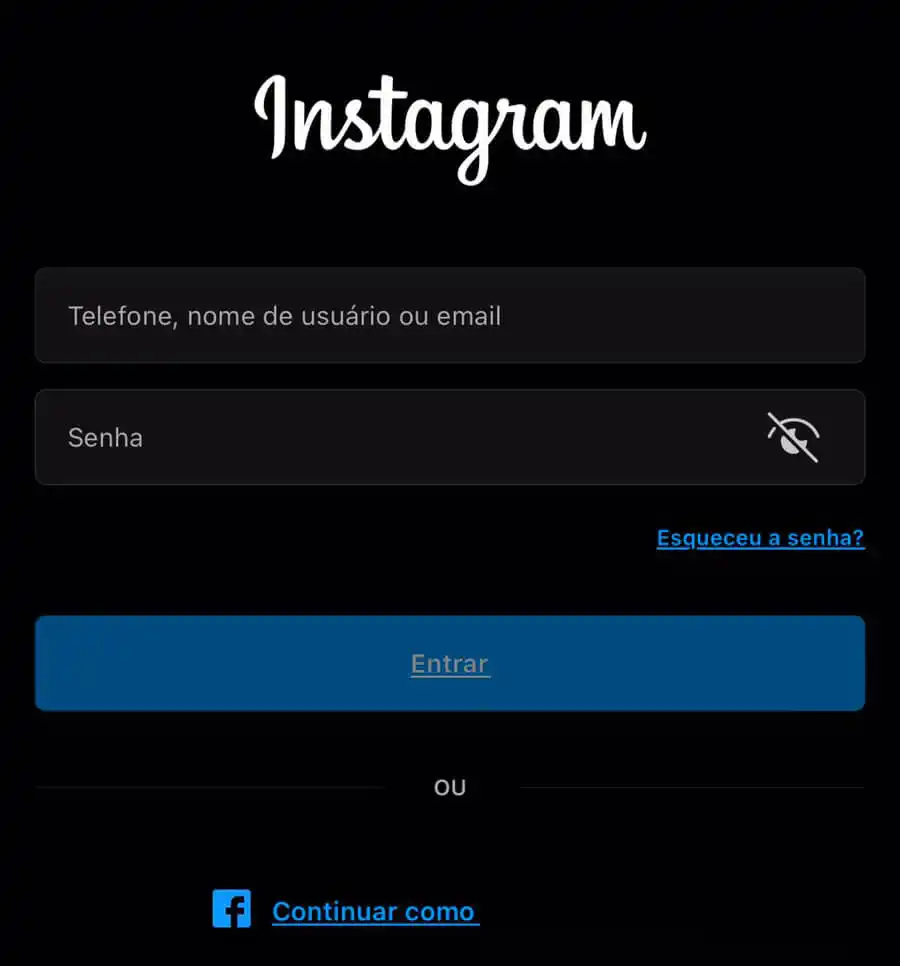 Tela inicial de login do aplicativo do Instagram