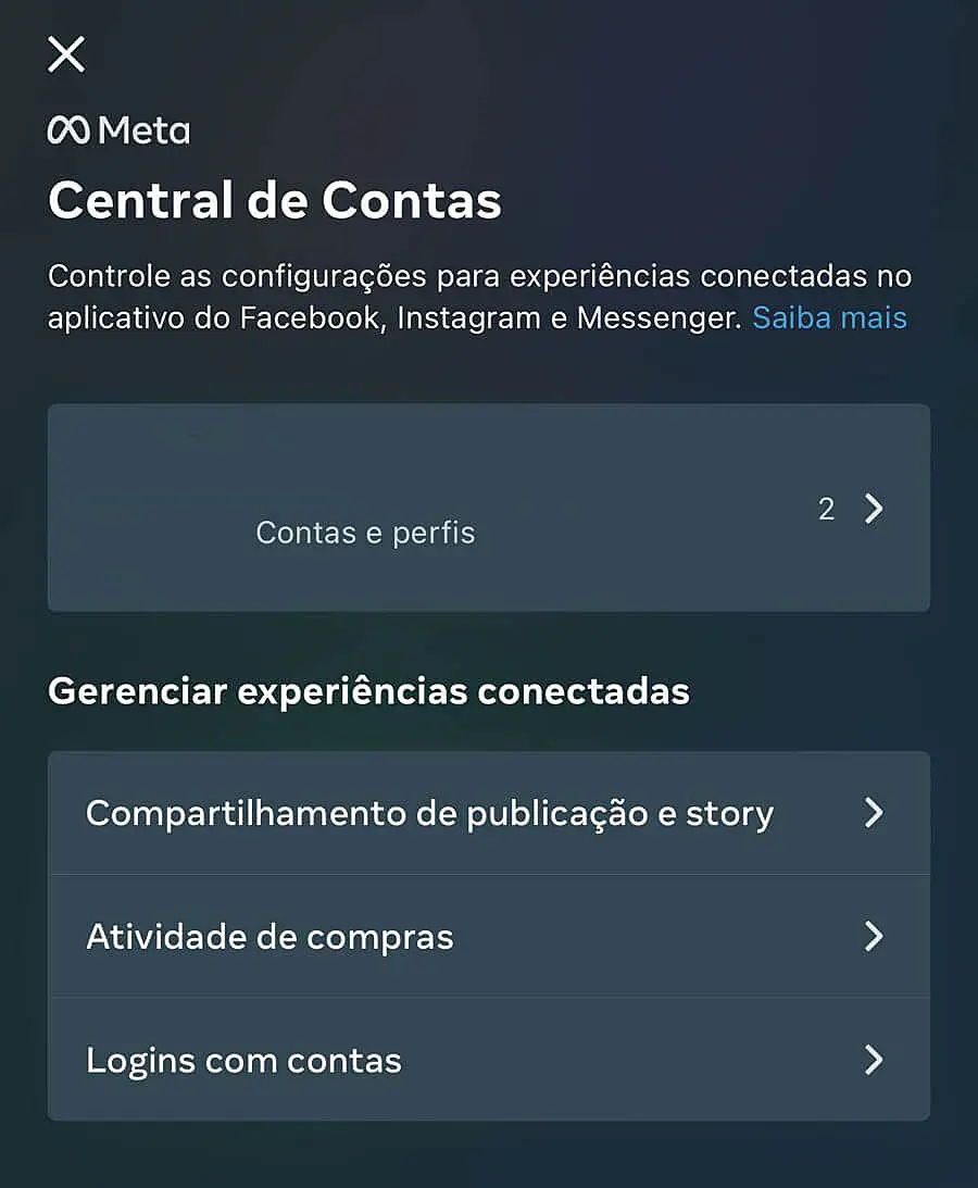Central de contas do Instagram