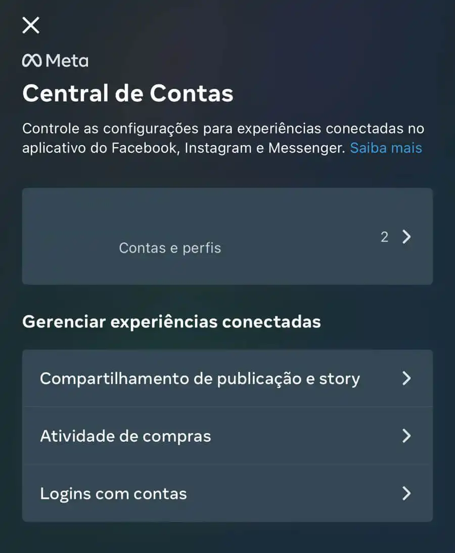 Central de contas do Instagram