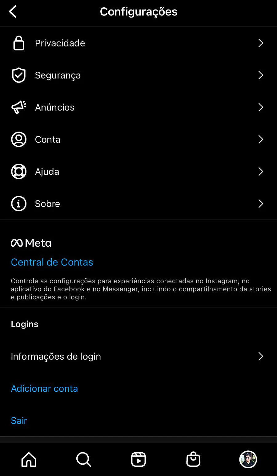 Print do menu de configurações do Instagram