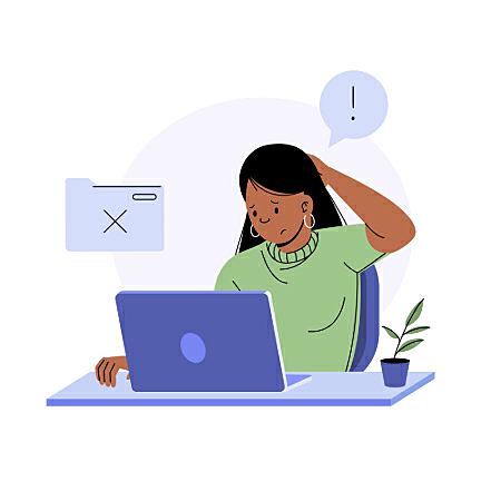 Mulher preocupada olhando o laptop após erro em arquivo.