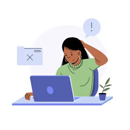 Mulher preocupada olhando o laptop após erro em arquivo.