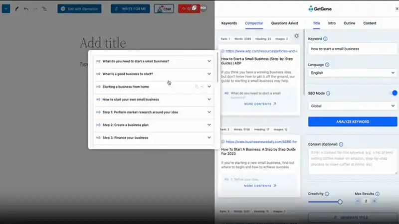 captura de tela que mostra algumas funções da ferramenta para escrever artigo com IA da GetGenie