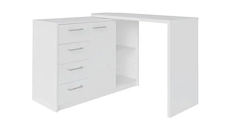 imagem de uma escrivaninha da Artany em formato L na cor branca com dua estantes, quatro gavetas e um armario