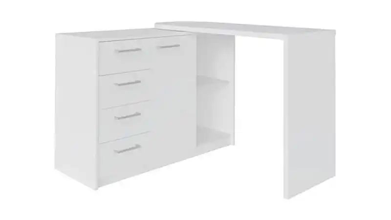 imagem de uma escrivaninha da Artany em formato L na cor branca com dua estantes, quatro gavetas e um armario