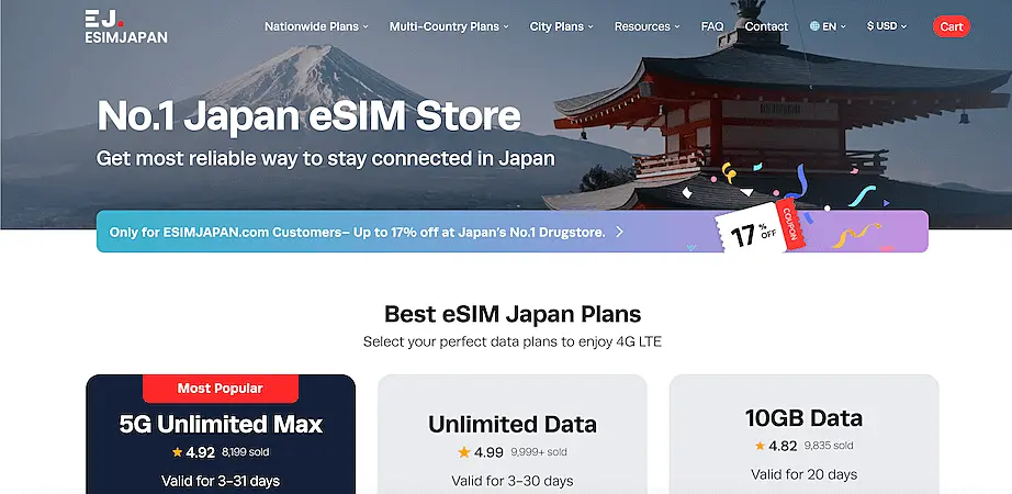 Screenshot of eSIM Japan website showing data plans like 5G Unlimited Max, Unlimited Data, and 10GB plans with coverage across Japan.