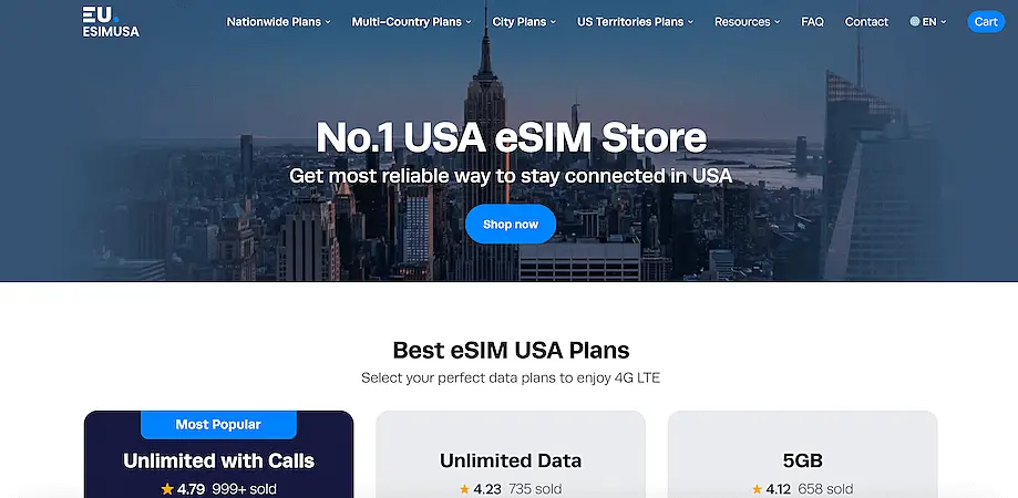 Screenshot of eSIM USA website featuring unlimited data and call plans, with options like Unlimited with Calls, Unlimited Data, and 5GB plans.