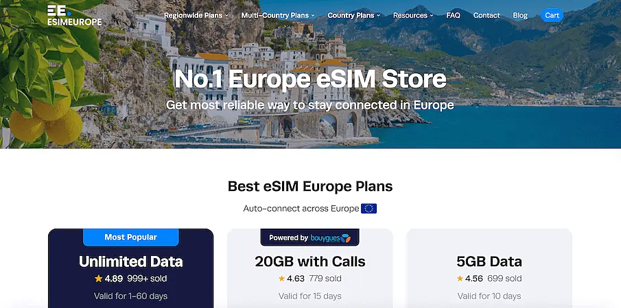 Screenshot of eSIM Europe website displaying data plans including Unlimited Data, 20GB with Calls, and 5GB options for travel across Europe.