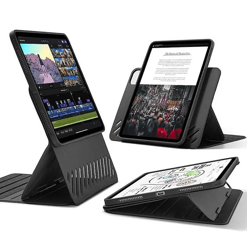 Three iPads displayed in adjustable folio-style stands, showing different uses such as video editing, reading, and sketching.