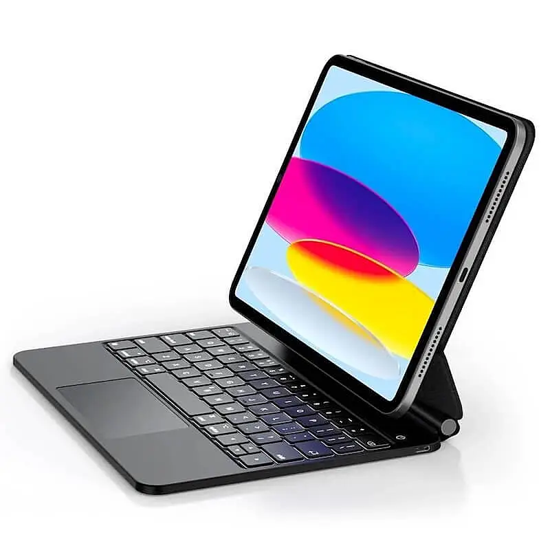 iPad connected to a detachable keyboard case with trackpad, set up like a laptop for productivity.