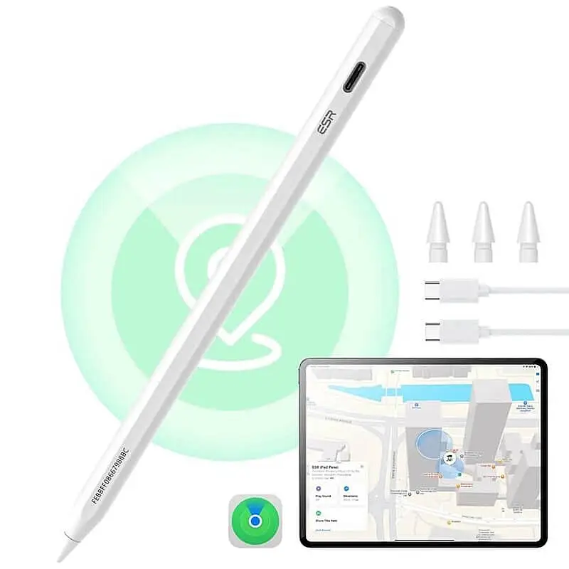 White ESR digital stylus pen with extra nibs and USB-C charging cable, positioned alongside an iPad screen showing a map.
