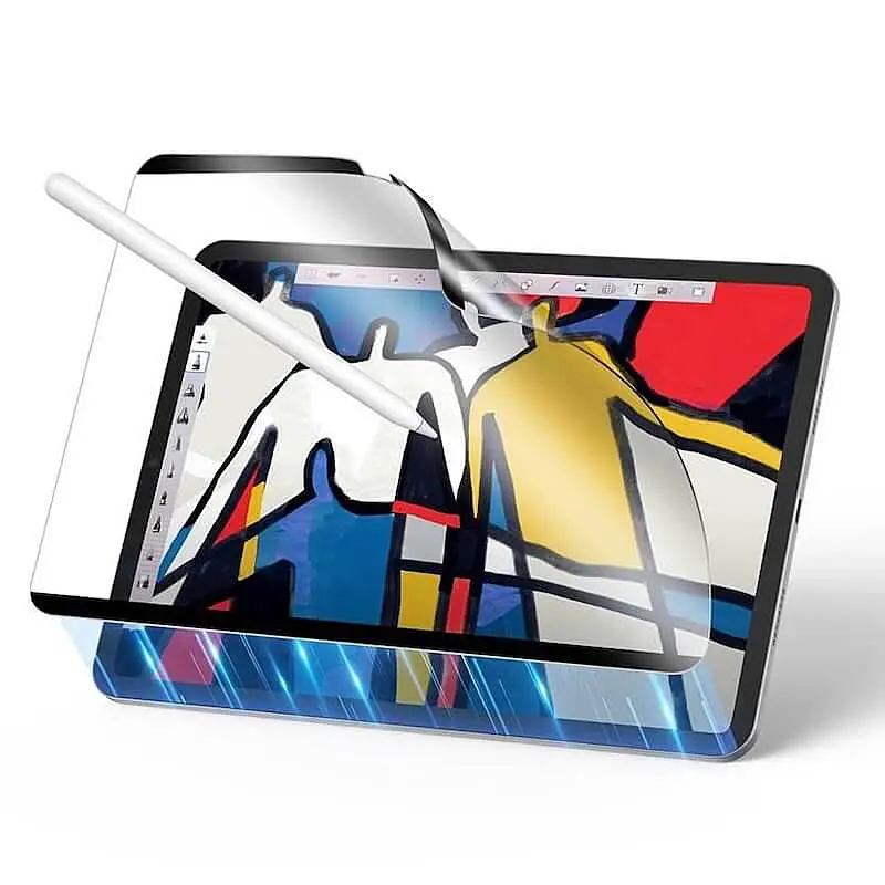 iPad with a stylus pen applying strokes on a colorful digital artwork, protected by a clear screen protector.