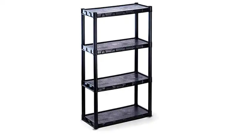 imagem de uma estante organizadora na cor preta da Agraplast com quatro prateleiras