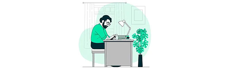 estudante lendo livro em uma mesa bem organizada em um cômodo livre de sua casa