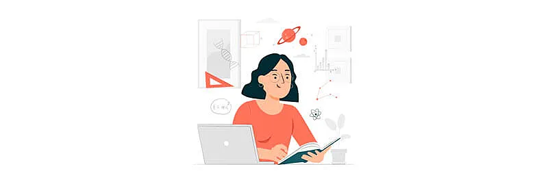 estudante conferindo livro  em uma mesa, ao seu redor estão símbolos relacionados a biologia, química e outras ciências