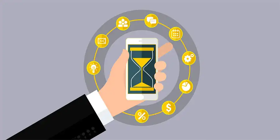 Excelencia en el Servicio al cliente Imagen de un reloj de arena en la pantalla de un dispositivo móvil para representar a velocidad de la atención el cliente