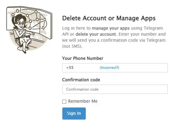 Captura de tela do site para excluir Telegram